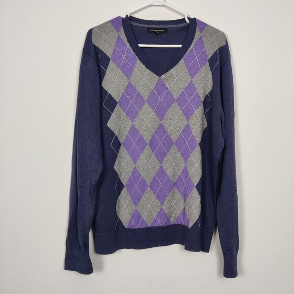 Banana Republic Men's V-neck Sweater Argyle Size L Navy Purple Silk Cashmere - Picture 1 of 7